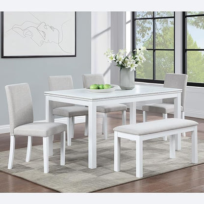 soges 6 Piece Wooden Dining Table Set, Dining Room Table with 4 Upholstered Chairs and Bench, Rectangular 6-Person Kitchen Dining Table Set with Crystal Decoration, White
