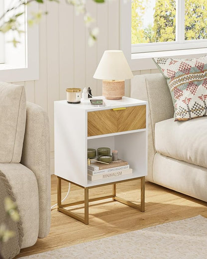 Nightstand with Charging Station, Boho Night Stand Wood Farmhouse Bedside Table with Storage, End Side Accent Table for Bedroom,Living Room,White