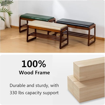Solid Wood Shoe Bench, 2-Tier Entryway Bench with Cushion and Flip-Open Storage Box, Mid-Century Modern Shoe Bench Rack for Hallway, Mudroom(Black, 31.5'')