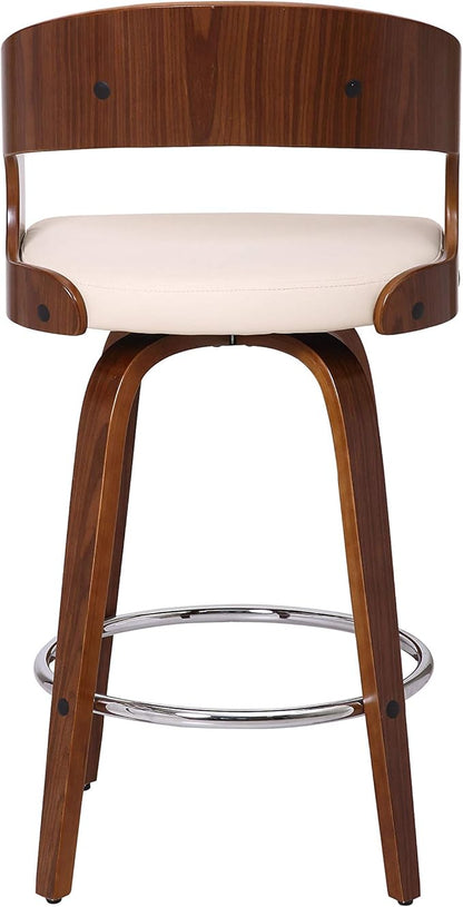 Armen Living Shelly 26" Counter Height Swivel Cream Faux Leather and Walnut Wood Bar Stool - Set of 4