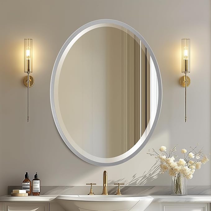 OVALCREST - Oval Wooden Beveled Wall Mirror for Home Decor, Bathroom, Vanity, Bedroom, Living Room, Hallway - London Style (Silver Spray) 25.1 x 37.1
