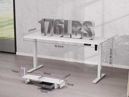 63x24 Inches Electric Standing Desk with Drawer and Monitor Stand, Height Adjustable Sit to Stand up Desk for Home Office, Ergonomic Computer Table with Phone Holder, 3 Hooks, White