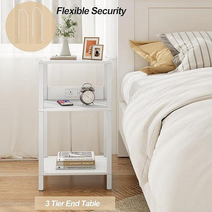 TUTOTAK Record Player Stand with Storage Up to 100 Albums，Record Storage Table,3 Tier End Table with Charging Station,Side Table for Living Room, Bedroom, White TB01BW076