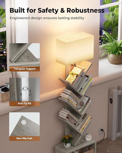 6 Tier Tree Bookshelf with Light, Narrow Bookcase Tower, Tall Floor Standing Book Shelf Organizer with Storage Cabinet for Living Room, Bedroom and Home Office, Gray