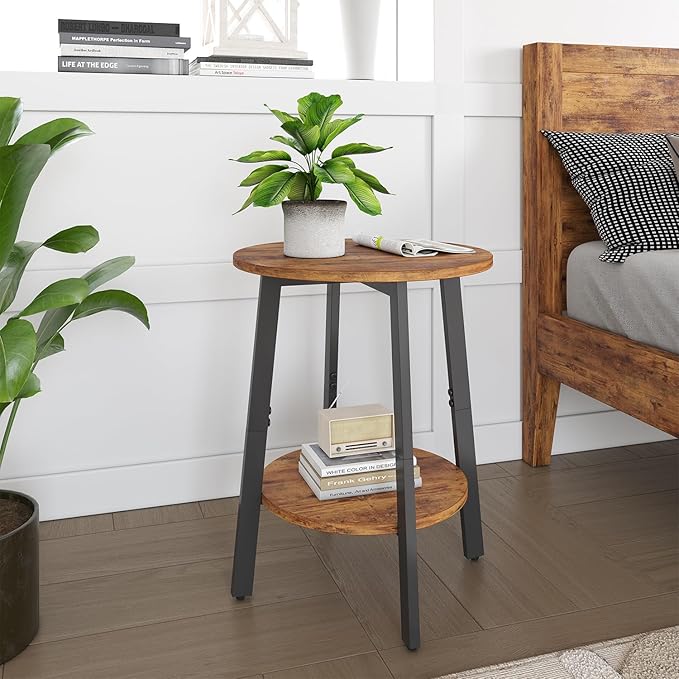 Side Table Set of 2, Small Round End Table with Storage Shelf for Small Space, 2-Tier Bedside Table Sofa Couch Table, Nighstands Set of 2 Accent Table for Living Room, Bedroom, Rustic Brown