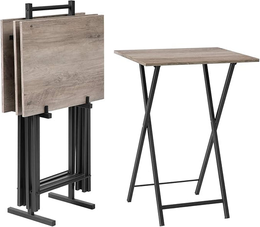 HOOBRO Folding TV Tray Tables, Set of 4 TV Trays with Storage Rack, Industrial Side Table for Eating at Couch, Foldable Snack Table for Small Space, Easy Assembly, Greige and Black BG50BZ01