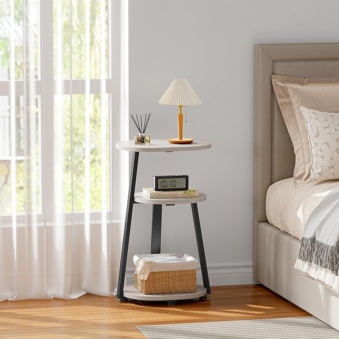 Side Table, Small End Table with Metal Frame, 3-Tier Bedside Tables, Round Side Tables for Living Room Bedroom Couch Bathroom, Oval, White Maple