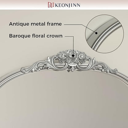 Keonjinn Vintage Arched Mirror for Wall, 20" x 30" Silver Mirror with Metal Frame, Ornate Vanity Mirror, Baroque Arch Mirror, Decorative Brass Mirror for Mantle, Living Room, French Cleat Mounting