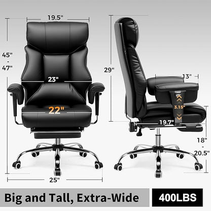 COMHOMA Big and Tall Office Chair 400lbs High Back Computer Gaming Chair with Ergonomic Lumbar Support & Pocket Spring Cushion for Lower Back Pain Relief, Leather Executive Chair with Foot Rest, Black