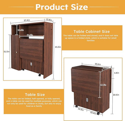 Ball & Cast Multifunctional Folding Dining Table with Wall-Mounted Sideboard & Storage,Wood Kitchen Island w/Four-in-one Socket and Silent Wheels,Space-Saving,Easy to Assemble,for Dining Room,Walnut