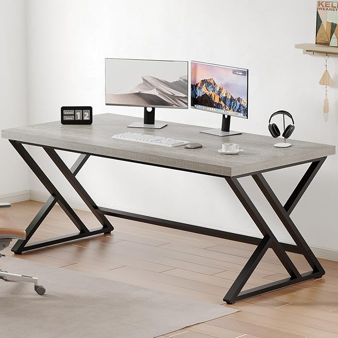 LVB Large Home Office Desk, Long Industrial Computer Desk, Metal Wood Writing Study Computer Table for Student, Big Modern Executive Simple Gaming Work Desk for Bedroom, Light Grey, 60 Inch