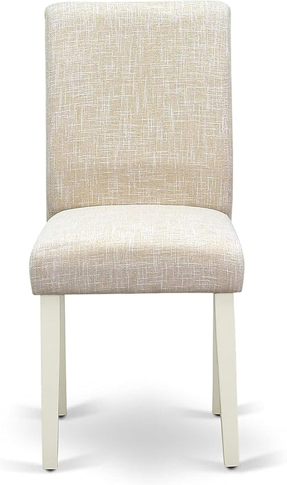 East West Furniture DMAB3-LWH-02 3 Piece Dining Table Set Contains a Round Dining Room Table with Dropleaf and 2 Light Beige Linen Fabric Upholstered Chairs, 42x42 Inch, Linen White