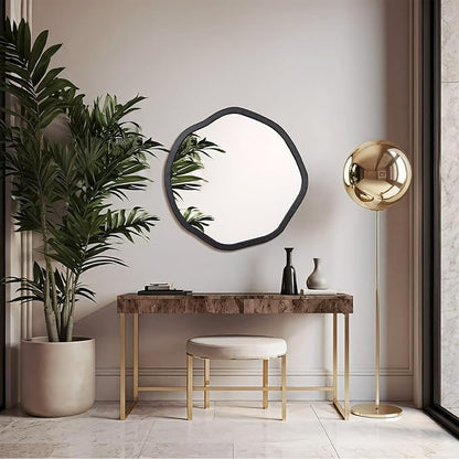 ULIKE Round Wood Mirror, 30 Inch Black Asymmetrical Circle Vanity Mirror with Wood Frame, Modern Decorative Wall Mount for Bathroom Bedroom Living Room Entryway