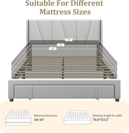 Full Bed Frame with Storage Drawers, Upholstered Platform Bed with Headboard and Wingboard, No Box Spring Needed, Noise Free, Easy Assembly, Wooden Support Slats, Light Grey