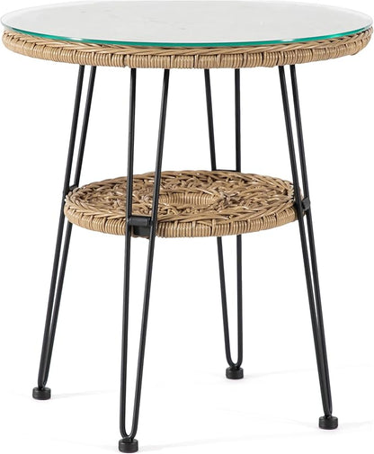 Muse & Lounge Co. Ysar Boho 19-inch Round Coffee Table Outdoor with Tempered Glass Top and Metal Frame, Handcrafted Coastal Furniture for Patio, Poolside, Garden, Yard, Natural