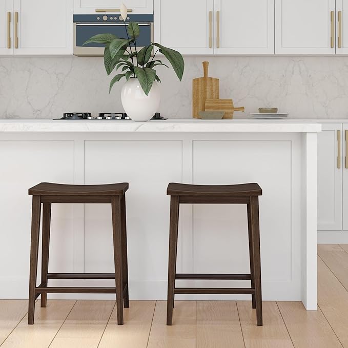 Plank+Beam Smythe Counter Stool, 24", Set of 2, Sturdy Wood Modern Kitchen Counter Height Stool, Saddle Seat Backless Counter Chair, Metal Footrest, Walnut