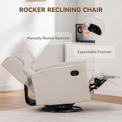 COMHOMA Rocking Recliner Chair,Swivel Glider Reclining Single Sofa Manual Rocker Recliners,Nursery Rocking Chairs with Upholstered Seating for Living Room Office(Beige)