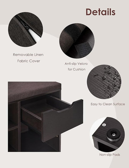 DINZI LVJ Shoe Bench, Entryway Storage Bench with Drawer and 15 Cubbies, Cubby Shoe Rack with Adjustable Shelves, Shoe Organizer Cabinet for Living Room, Bedroom, Mudroom, Closet and Garage, Espresso