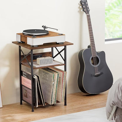 AMHANCIBLE Record Player Stand with Charging Station, Large Turntable Stand with Storage Cabinet, 3 Tier End Table Hold Up to 100 Albums, Record Stand for Vinyl, Living Room, Brown, HETCD012BR-1