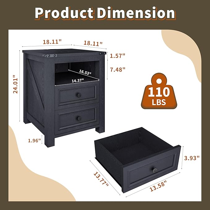 Vipbear Nightstand Set of 2, 18” Wide Farmhouse Night Stand with Charging Station for Bedroom, End Table with 2 Drawers Living Room Wood Sofa Side Table with Storage, Black