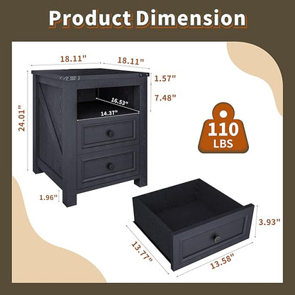 Farmhouse Nightstand with Charging Station, 18” Wide End Table with 2 Drawers Living Room Wood Sofa Side Table with Storage, Small Night Stand for Bedroom, Black