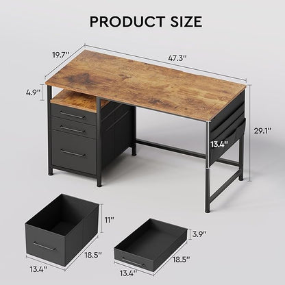 Ｍａｉｈａｉｌ Maihail Computer Desk with Drawers, 47 Inch Desk with 2 Drawers and Shelves, Office Table with Storage, Home Office desks, Metal Frame for PC Laptop, Rustic Brown