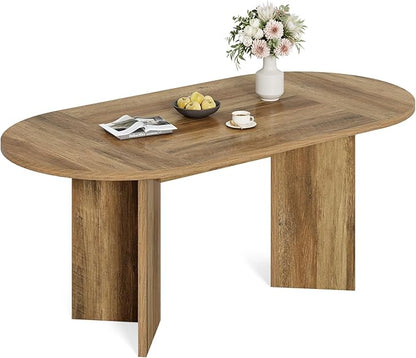 LITTLE TREE 63" Rustic Oval Dining Table for 4-6, Sturdy MDF Farmhouse Kitchen Table with Metal Strip Base, for Living Room, Office, Restaurant, Multi-Use, Umber