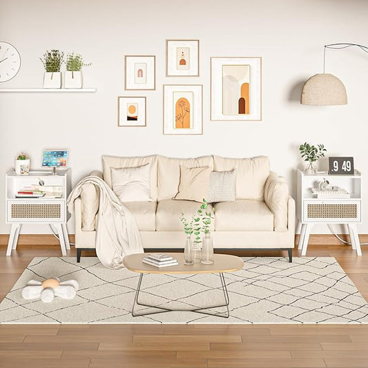 Lerliuo Rattan Nightstands Set of 2 with Charging Station, White Bedside Table with Drawer Open Shelf, Cane Accent Side End Table with Solid Wood Legs, Night Stand for Bedroom, Dorm and Small Spaces