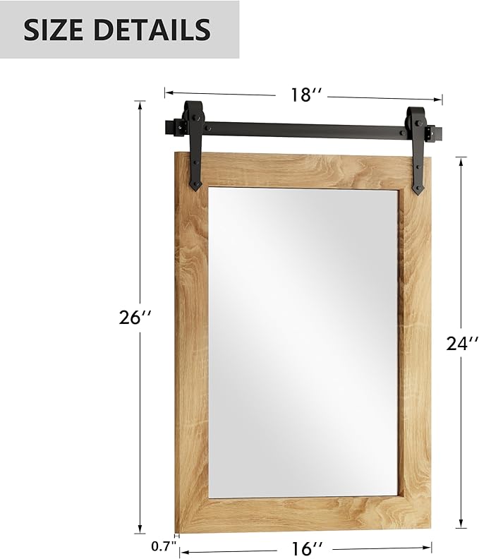 Farmhouse Bathroom Mirror 18" x 24" Rustic Wood Framed Wall Barn Door Mirror for Bathroom, Living Room, Bedroom Wall Decor (Brown)