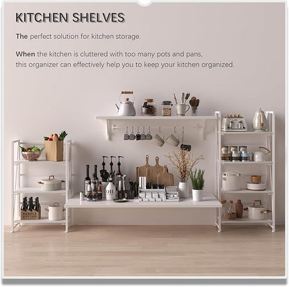 4NM No-Assembly Folding Bookshelf Storage Shelves 3 Tiers Vintage Bookcase Standing Racks Study Organizer Home Office (All White)