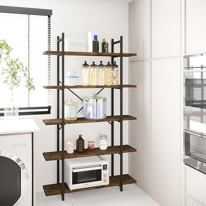 5 Tiers Bookshelf Organizer Industrial Shelf,Modern Open Display Storage Bookcase,Rustic Brown and Metal Bookshelf Standing Storage Shelf Tall Shelving Units for Home Office Study.