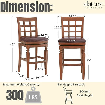 Alaterre Furniture Napa Bar Height Swivel Stool with Back – Faux Leather Upholstered Seat Barstool with Memory Return, Turned Wood Legs, Lattice Back Design, and Metal Kick Plate for Kitchen Islands