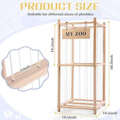 Stuffed Animal Storage Zoo, Wooden Stuffed Animal Organizer with Elastic Cords for Boys Girls, Space Saving Toy Plushies Storage Holder for Playroom, Bedroom, Living Room (Burlywood, Small)