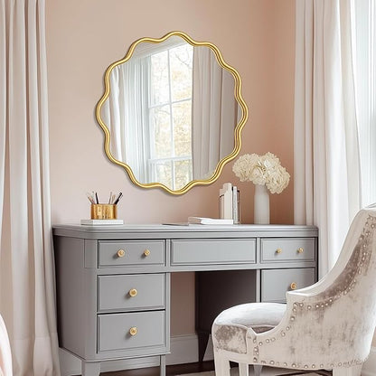 PROHOMEWARE Gold Round Mirror 30 Inch Wavy Bathroom Vanity Mirror Gold Frame Modern Wall Mirror Decorative Wall-Mounte Anti-Rust, Tempered Glass