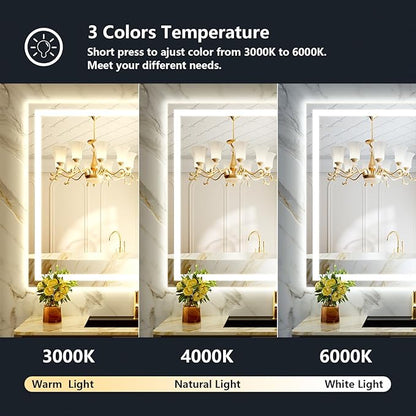48x40 Inch LED Bathroom Mirror with Lights Front and Backlit Lighted Vanity Mirror for Bathroom Wall with 3 Colors Dimmable Anti-Fog Memory Tempered Glass Horizontal/Vertical