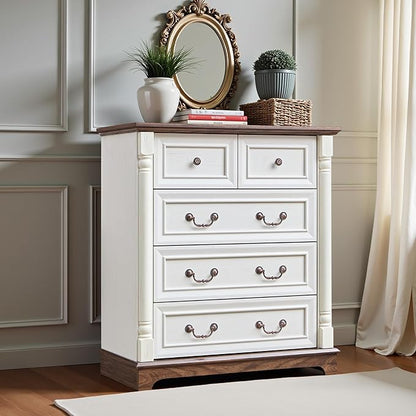 31.5" Farmhouse Sideboard Buffet Cabinet with Storage, Kitchen Buffet Storage Cabinet with 5 Drawers, Modern Wood Accent Sideboard for Living Room, Kitchen, Hallway(Antique White)