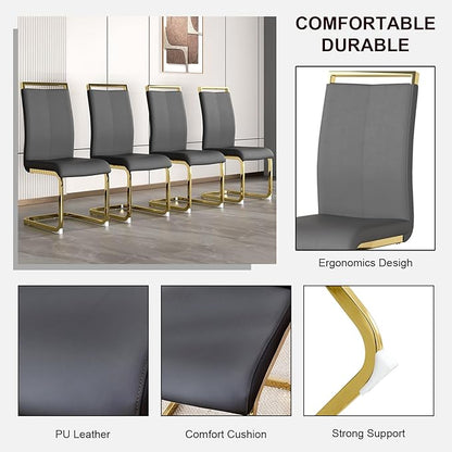 Modern Dining Chairs Set of 4,High Back Grey Kitchen Chairs,Faux Leather Side Chair with Gold Plated Metal Legs,Easy to Clean Upholstered Dining Chairs,Ideal for Living Room(Gold Leg)