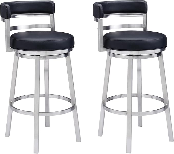Armen Living Madrid 30" Seat Height Swivel Modern Black Faux Leather and Brushed Stainless Steel Bar Stool for Kitchen Island Counter, Set of 2