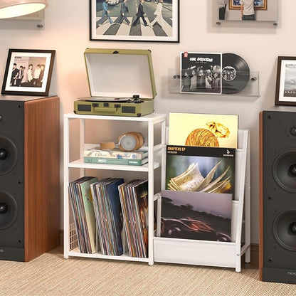 LELELINKY Record Player Table,Turntable Shelf with Vinyl Storage Up to 150 Albums,White Side Table with 3 Tier Magazine Periodical Book Rack,Wide Metal Record Holder Cabinet for Room Office
