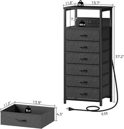 Seventable Night Stand with Charging Station, Tall Nightstand with 6 Fabric Storage Drawers, Side Table with LED Light for Bedroom, Entryway, Black, Set of 2
