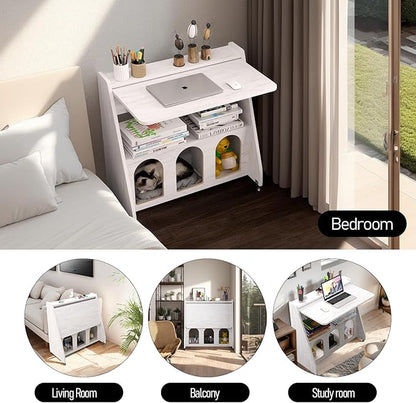 Pmnianhua Farmhouse Portable Desk on Wheels,Mobile Workstation,Rolling Computer Desk with Wheels and Storage for Home Office Small Space(White)