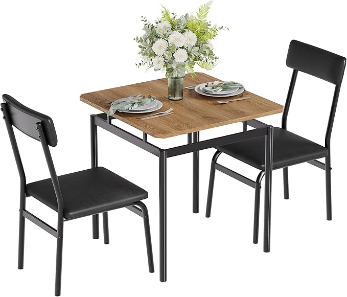 IDEALHOUSE 3 Piece Dining Room Table Set, Kitchen Table Set for 2 with Brown Wooden Grain Kitchen Table and 2 PU Upholstered Metal Chairs, Dining Room Set for Small Space,Home Dinner(2 Black Chairs)