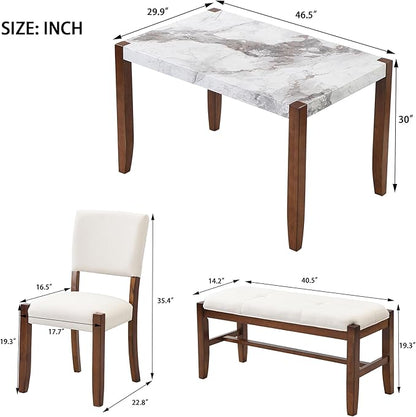 Ball & Cast 4-Piece Dining Furniture Set with 2 Upholstered Chairs & 1 Bench,Dining Table Set for 4 W/ 46" Faux Marble Style Table,for Restaurant,Home Bistro,Off White