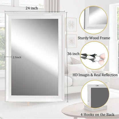 CULER White Wood Wall Mirror for Bathroom,Rectangle Rustic 24 x 36 inch Hanging Vanity Mirrors with Wooden Frame for Living Room,Bedroom,Entryway (24x36 inch, White)
