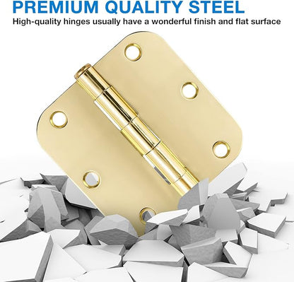 6 Pack Rounded Door Hinges 3.5 inch X 3-1/2" 5/8 Radius, Polished Brass 3 ½ Inch Gold Interior Standard Hinge for Bedroom Wood/French Style Clear Glass Doors Easy Install Hardware Decor Accessories