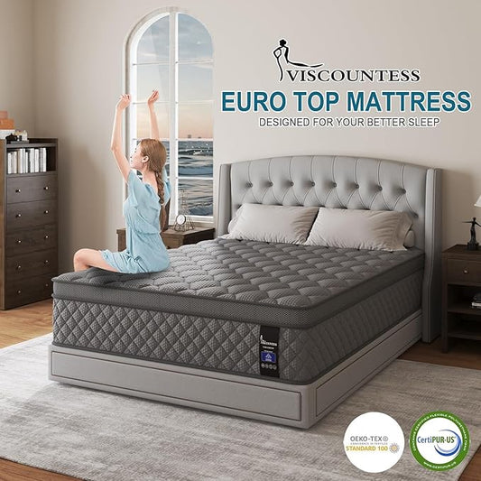 King Mattress, 14 Inch Hybrid Mattresses Grey Euro Top Medium Firm for Back & Lumbar Support, 100 Night Trial, Individual Pocket Spring Bed for Motion Isolation & Pressure Relief