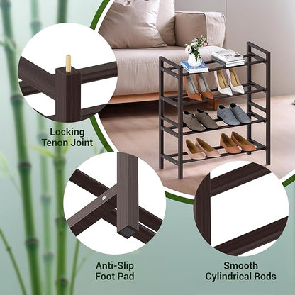 Haddockway Bamboo Shoe Rack for Closet, Free Standing Shoe Organizer with Smooth Round Rods & Convenient Handles, Stackable Shoe Storage Shelf for Entryway, Hallway(Brown, 4-Tier(Small))