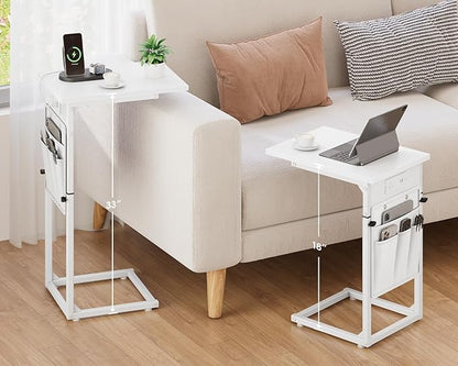Vagusicc C Shaped End Table with Charging Station, Adjustable Height Side Table for Couch, Small Sofa Table for Small Spaces, Slide Under Sofa Table TV Tray Arm Tables for Living Room, Bedroom, White