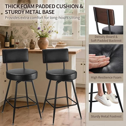 Bar Stools, 25 Inch Swivel Counter Height Bar Stools Set of 2, Black Faux Leather Swivel Bar Stool with Wood Back & Metal Legs for Kitchen Island Pub, Black