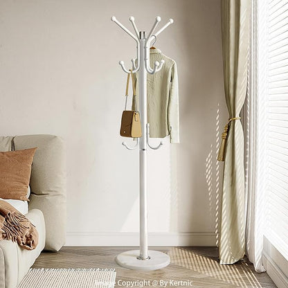 Kertnic Modern Coat Rack Freestanding with Natural Marble Base & Sturdy Metal Frame, 11 Hooks Hall Tree for Jackets, Hats, Bags, Entryway Organizer for Bedroom, Living Room, Closet (White)